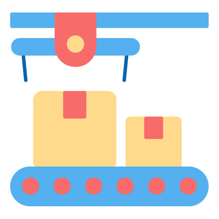 Parcels move along the conveyor at the distribution point - icon, illustration on white background, flat color styleの写真素材