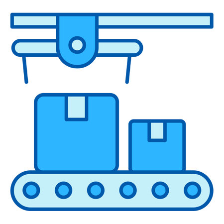Parcels move along the conveyor at the distribution point - icon, illustration on white background, similar styleの写真素材