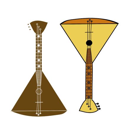 Russian folk musical instrument balalaika.Wooden soundboard, strings for sound, a triangular form for music.Brown, yellow color.Used by musicians, bands, performers, solo.The symbol of the Russian people.のイラスト素材