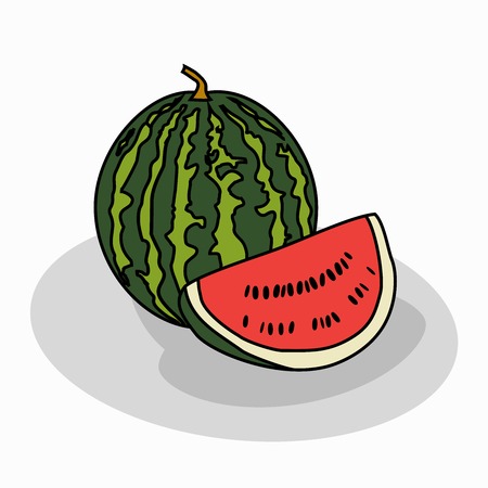 Abstract vector illustration for a big, ripe, red watermelon.The isolated figure of the fruit, thick rind, berry, piece of fruit, close-up on white background.Icon for shop, market, food, vitamins, nature.のイラスト素材