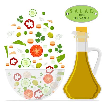 Vector illustration of logo for salad chopped in glass bowl, isolated white background.Salad drawing consisting of vegetable: tomato, cucumber, pepper, bottle olive oil, organic food.Eat salads in bowls.のイラスト素材