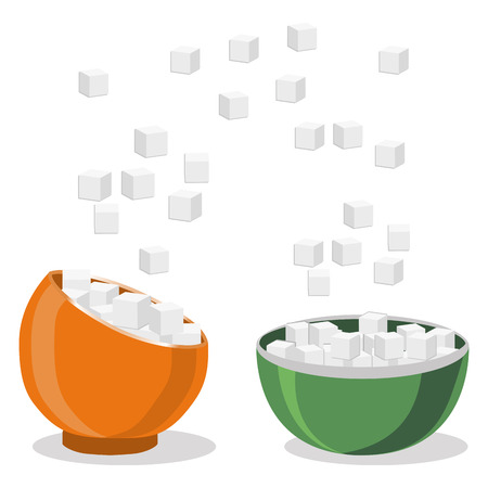 Vector illustration of logo for theme set sweet crystal sugar in two bowls .Sugar drawing consisting of bowl with flying gray cubes, ingredient for coffee, tea.Eat fresh cube sugars.のイラスト素材