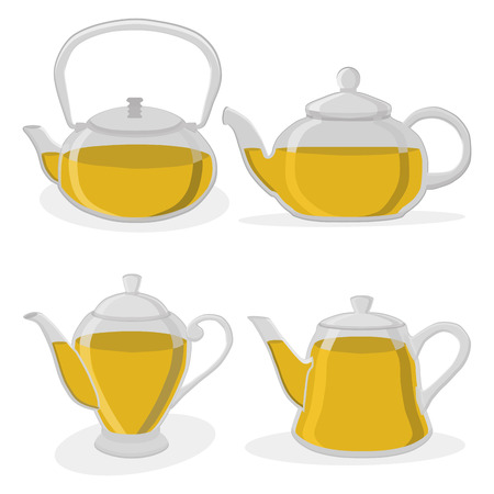 Vector illustration of logo for ceramic teapot, isolated on background.Teapot drawing consisting of four glass kettles with handle, lid, spout for draining liquid coffee, tea.Drink fresh teas with teapotsのイラスト素材
