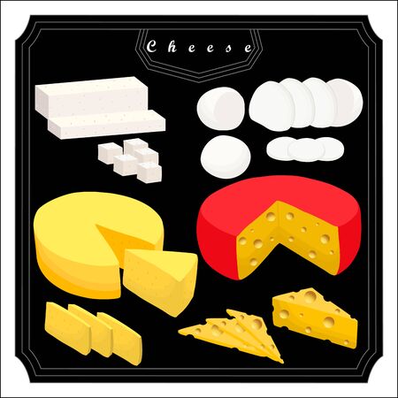 Vector illustration logo for yellow cottage cheese Parmesan Mozzarella cutting pieces sliced.Cheese Feta drawing consisting of label Roquefort.Eat fresh cheeses mozzarella parmesan feta roquefort.のイラスト素材