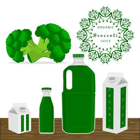Vector illustration logo for whole ripe vegetables broccoli green stem leaf cut sliced ??close-up, bottle background.Broccoli drawing pattern consisting of tag label peel ripe food.Drink bottle broccolis.のイラスト素材