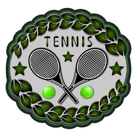 Abstract vector illustration of a logo for a game of tennis flying green ball, racket closeup of a white background.Tennis drawing set of summer fitness sports equipment rackets.のイラスト素材