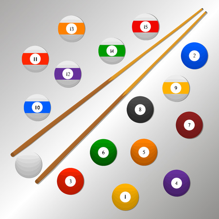Abstract vector illustration logo game billiards, flying colored balls, snooker cue.のイラスト素材