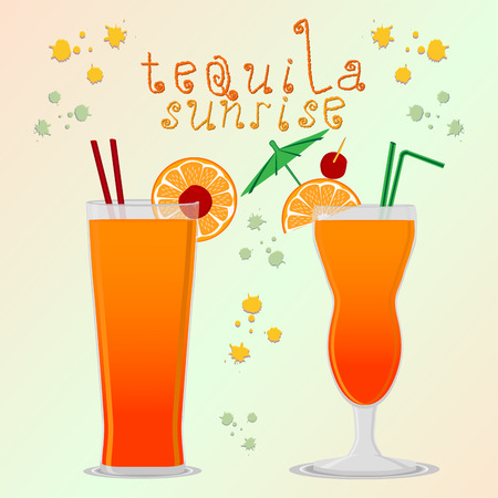 Vector icon illustration logo for alcohol cocktails tequila sunrise. Tequila pattern consisting of full glass cup with transparent cocktail, sliced orange, cubes of ice. Cocktail tequilas of sunrises.のイラスト素材