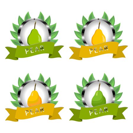 Abstract vector icon illustration logo for whole ripe fruit colorful pear, slice half. Pear pattern consisting of card label, natural design sign tasty food. Eat sweet fresh fruits pears on health.のイラスト素材