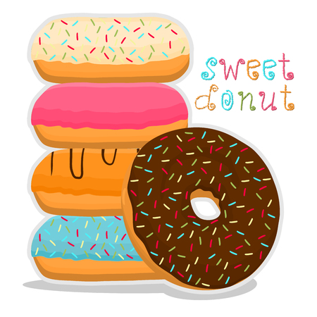 Abstract vector icon illustration logo for glazed sweet donut. Donut pattern consisting of heap of different colored confection doughnuts.のイラスト素材