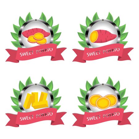 Abstract vector icon illustration logo for whole vegetable sweet potato, sliced baked foods. Potato pattern consisting of ripe boiled stewed food, steamed fries, raw yam. Sweet vegetables potatoes.のイラスト素材