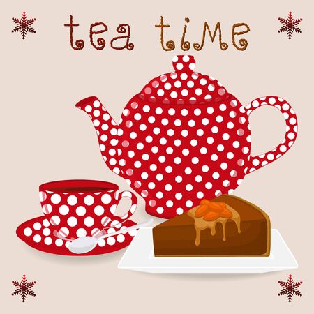 Vector illustration for ceramic cup, white teapot, teacup on saucer, slice caramel cheesecake. Teacup pattern of tea brewed in porcelain cups, teapot, cut cheesecakes, spoon.Teas in teacups of teapotsのイラスト素材