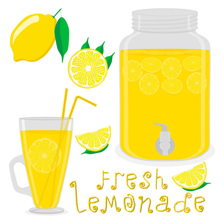 Vector illustration logo for slice yellow citrus fruit lemons, jar with lemonade. Jar pattern consisting of glass pitcher filled lemonades, natural sweet lemon product. Lemonade fresh liquid of jars.のイラスト素材