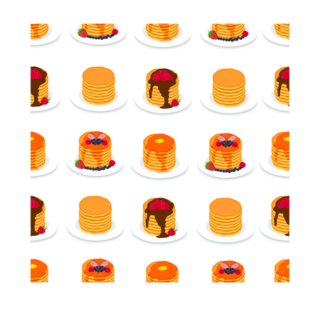 Abstract vector icon illustration logo for yellow pancake. Pancake pattern consisting of home heap homemade hot cakes on plate, crepe sweet food. Eat tasty pancakes with berries, honey,piece of butterのイラスト素材