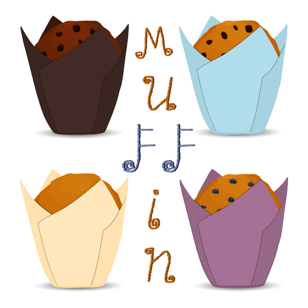 Vector icon illustration for set homemade muffin, blue berry blueberry, brown chocolate, sweet raisins on morning breakfast. Muffin pattern of natural french dessert biscuit. Eat tasty muffins.のイラスト素材