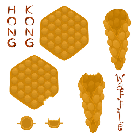 Vector icon illustration logo for set various sweet Hong Kong waffles with whipped cream. Waffle pattern consisting of bubble different dessert confectionery fresh wafer. Eat tasty patisserie waffle.のイラスト素材