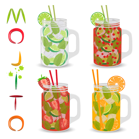 Vector icon illustration logo for alcohol cocktails mojito. Mojito pattern consisting of full glass cup with transparent cocktail, cubes of ice. Cocktail mojitos of sliced lime, red strawberry, orangeのイラスト素材