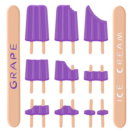 Vector illustration logo for natural grape ice cream on stick. Ice Cream pattern consisting of sweet cold icecream, set tasty frozen dessert. Fresh fruit icecreams of purple grapes on sticks.のイラスト素材