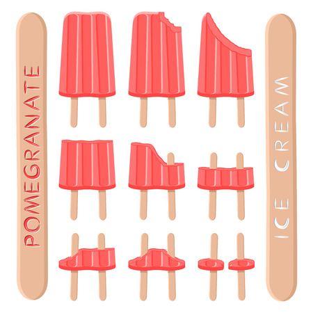 Vector illustration logo for natural pomegranate ice cream on stick. Ice Cream pattern consisting of sweet cold icecream, set tasty frozen dessert. Fresh fruit icecreams of red pomegranates on sticks.のイラスト素材