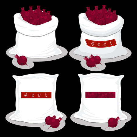 Vector icon illustration logo for bags filled with vegetable red beet, storage in sacks. Beet pattern consisting of ripe food, raw product on open Sack. Tasty beet from eco sack, full baggy bag.のイラスト素材