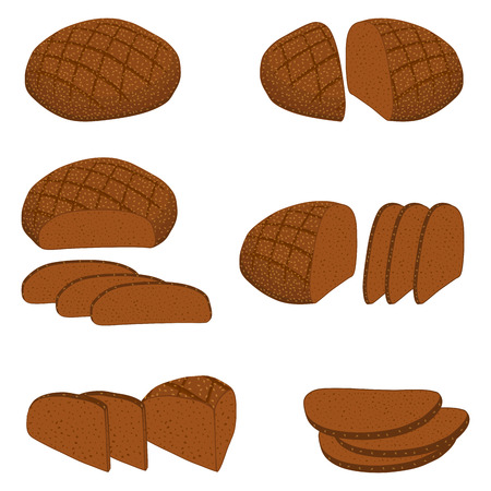 Vector illustration of set of baked bread, dark rye brick, soft baguette for bakery. Bread consisting of bakery natural tasty wheat food in sliced toasts. Bakery fresh cereal bread with various sortsのイラスト素材