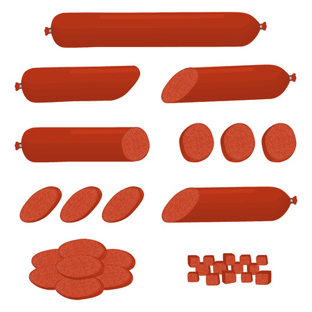 Vector icon illustration logo for set whole sausage salami, slice pork ham. Sausage pattern consisting of natural tasty food meat, half frankfurter. Eat fresh raw smoked beef sausage on health.のイラスト素材