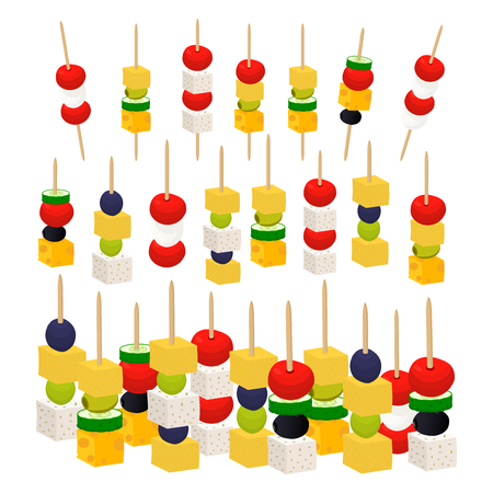 Vector icon illustration logo for fresh colored canape. Canape pattern consisting from berries green olives, cubes yellow cheese, half red tomato, slice green cucumber. Eat natural canape from food.のイラスト素材