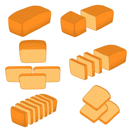 Vector illustration of set of baked bread, dark rye brick, soft baguette for bakery. Bread consisting of bakery natural tasty wheat food in sliced toasts. Bakery fresh cereal bread with various sortsのイラスト素材
