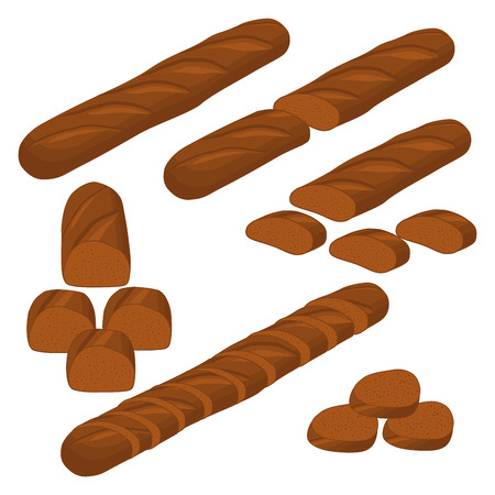 Vector illustration of set of baked bread, dark rye brick, soft baguette for bakery. Bread consisting of bakery natural tasty wheat food in sliced toasts. Bakery fresh cereal bread with various sortsのイラスト素材