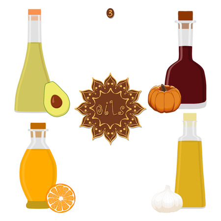 Vector illustration for set various bottles oil, plastic jar with cap. Oil pattern consisting of container natural organic liquid, glass flask in cosmetics cream drop. Fruit oil for health in bottle.のイラスト素材