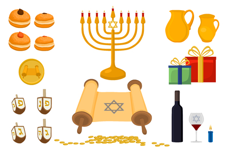 Vector illustration for Hanukkah is big Jewish holiday. Hanukkah pattern consisting of star of David, sufganiyot doughnuts, decoration menorah, clay jug with oil. Happy celebration of jewish hanukkahのイラスト素材