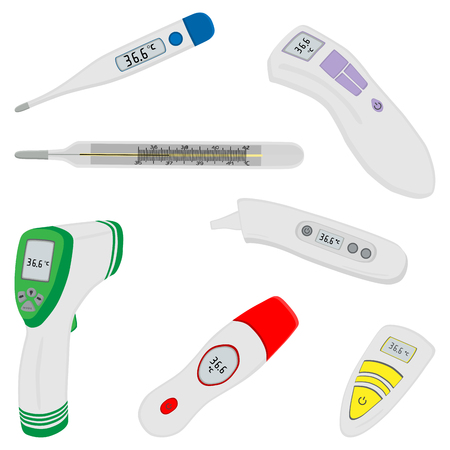 Illustration on theme big colored set different types of thermometers for hospital. Thermometer consisting of collection accessory with quality control. Plastic thermometer is main medicine target.のイラスト素材