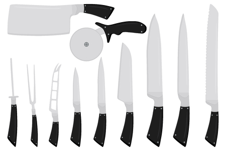 Illustration on theme big colored set different types knives different size for butcher. Knife pattern consisting of collection accessory to butcher in kitchen. Butcher with kitchen knives for meal.のイラスト素材