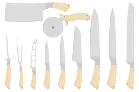 Illustration on theme big colored set different types knives different size for butcher. Knife pattern consisting of collection accessory to butcher in kitchen. Butcher with kitchen knives for meal.のイラスト素材