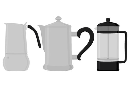 Illustration on theme big colored set different types coffee pots, different size kettles. Coffee pot pattern consisting of collection accessory to kettle in kitchen. Kettle with kitchen coffee pot.のイラスト素材