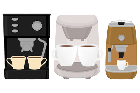 Illustration on theme big colored set different types coffee machine, different size makers. Coffee machine pattern consisting of collection accessory to maker. Maker, coffee machine for fresh coffee.のイラスト素材