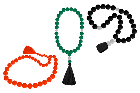 Illustration on theme big colored set different types of beads for rosary with tassel. Bead pattern consisting of collection accessory beautiful rosary in tassels. Beads is symbol rosary off tassel.のイラスト素材