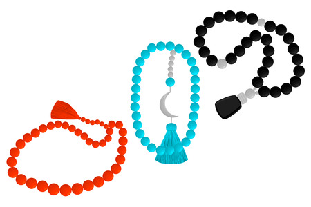 Illustration on theme big colored set different types of beads for rosary with tassel. Bead pattern consisting of collection accessory beautiful rosary in tassels. Beads is symbol rosary off tassel.のイラスト素材