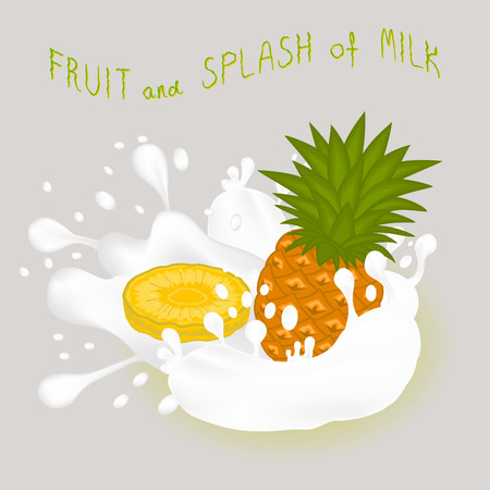 Illustration on theme falling runny pineapple drip at sugary cow milk. Pineapple pattern of collection drip meal for organic healthy milk beverage. Drip pineapple in exclusive milk drink, menu gourmetのイラスト素材