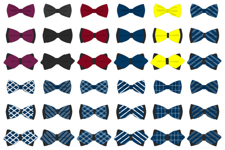 Illustration on theme big colored set ribbon different types, bow tie various size. Ribbon pattern consisting of collection textile garments bow tie for beauty. Bow tie is accessory fun man in ribbon.のイラスト素材