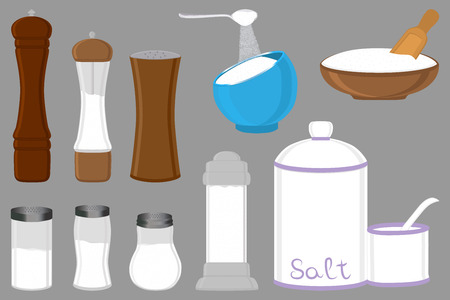 Illustration on theme big set different types shaker filled salty salt, bowl various size. Salty salt pattern consisting of collection bowl for cooking shaker. Ocean salty salt in bowls for shaker.のイラスト素材
