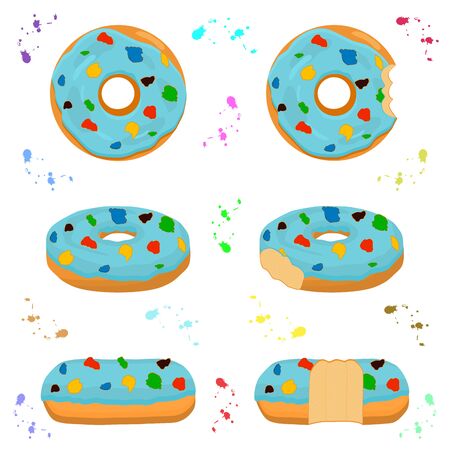 Illustration on theme big set different types sticky donuts, sweet doughnuts various size. Donut pattern consisting of collection organic doughnuts from sticky pastry. Sticky donuts is yummy doughnutsのイラスト素材