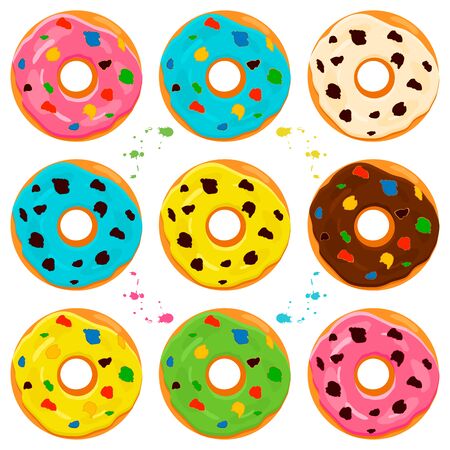 Illustration on theme big set different types sticky donuts, sweet doughnuts various size. Donut pattern consisting of collection organic doughnuts from sticky pastry. Sticky donuts is yummy doughnutsのイラスト素材