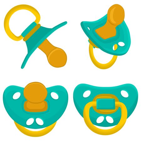 Illustration on theme big colored set baby pacifiers, dummy with rubber nipple. Baby pacifiers...