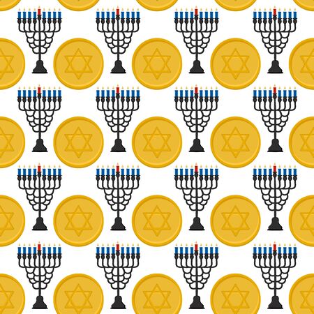 Illustration on theme big colored pattern Hanukkah, seamless set menorah. Seamless pattern consisting of collection menorah, accessory holiday Hanukkah. Seamless Hanukkah, pattern in old menorah.のイラスト素材