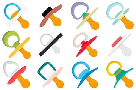 Illustration on theme big colored set baby pacifiers, dummy with rubber nipple. Baby pacifiers consisting of collection to newborn, good dummy nipple. Dummy nipple in pacifiers it baby care equipment.のイラスト素材