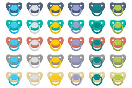 Illustration on theme big colored set baby pacifiers, dummy with rubber nipple. Baby pacifiers...