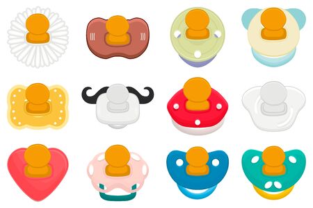 Illustration on theme big colored set baby pacifiers, dummy with rubber nipple. Baby pacifiers consisting of collection to newborn, good dummy nipple. Dummy nipple in pacifiers it baby care equipment.のイラスト素材