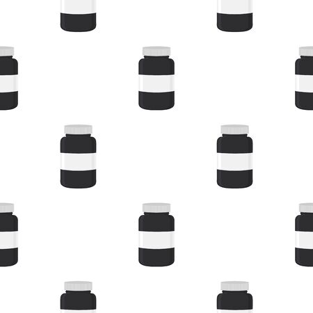 Illustration on theme big colored set different types of pills inside close jar. Pill pattern consisting of collection jars with quality control closed cap. Plastic jar open for drink laboratory pill.のイラスト素材