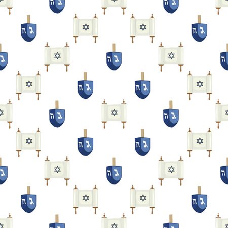 Illustration on theme big colored pattern Hanukkah, seamless set dreidel. Seamless pattern consisting of collection dreidel, accessory holiday Hanukkah. Seamless Hanukkah, pattern in old dreidel.のイラスト素材